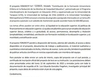 CONVOCATORIA PARA SUBSIDIO A TESISTAS PROYECTO FONDECYT Nº 1220635