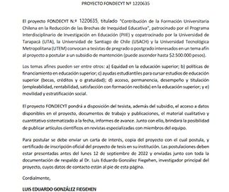 CONVOCATORIA PARA SUBSIDIO A TESISTAS PROYECTO FONDECYT Nº 1220635