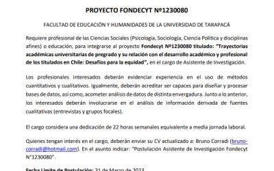 Convocatoria para contratación de 2 asistentes de investigación para el proyecto Fondecyt Nº1230080