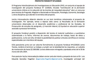 Convocamos a tesistas a participar en el equipo de investigación del proyecto Fondecyt N° 1220635, titulado “Contribución de la formación universitaria chilena en la reducción de las brechas de inequidad educativa”